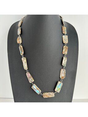 Vintage Abalone Shell Necklace Long Iridescent Paua Rectangle Link Boho Natural